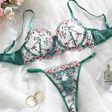 Sheer Lace Foliage Embroidered Lingerie Set- Outfit