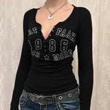 Zingj Spice Girl Letter Print Breasted V-Neck T-Shirt Women's New Slim Knit Bottom Long-Sleeved