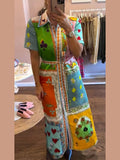 Printed Turndown Loose Dresses Witth Belt Women Casual Short Sleeve Single Breasted Midi Dress Summer Lady Vacation