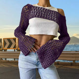 Zingj New Women's Hand Hook Sweater Women's Casual Ultra-Short Horn Sleeve Sexy Grid Smock