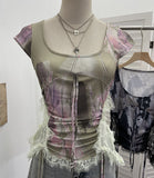 Industrial Lace Splicing Elastic Print With Bow Short-Sleeved T-Shirt