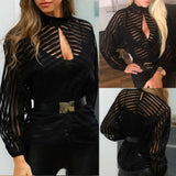 Black Women Mesh Sheer Blouses Ladies Long Sleeve Striped Front Hollow Out Transparent Shirts Blusas Mujer
