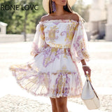 Women Long Sleeves Print Off Shoulder Ruffles Dress Elegant Fashion Chic Party