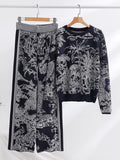 Quality Printed Knitted Women's Set 2 Piece Autumn And Winter Long Sleeved Sweaters + High Waisted Slim Wide Leg