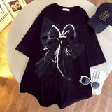 round neck bow short sleeve T-shirt Kawaii girls top T-shirt 2022 spring Korean new black bow decorative T-shirt