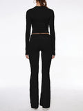 Long Sleeve Cropped Top Fold-over Flare Pants Set-Outfit