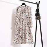 Summer Dress Women Lady Korean Style Vintage Floral Printed Cotton-Chiffon Shirt Dress Long Sleeve Bow Midi Dress