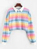 Shirt Women Sweatshirt Long Sleeve Rainbow Color Ladies Hoodies With Button Striped Korean Style Sweatshirt