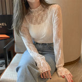 Style Sexy Hollow Out White Lace Blouse Women High Neck Embroidery Elegant Blouse Sheer Undershirt Pullover