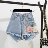 Cotton T-Shirt Tops + Short Jeans 2 Pieces Sets 2024 New Summer Women's Denim Pants Outfits 3D Flowers Beading