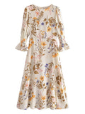 New Spring Women Retro Floral Print Sexy Slits Chiffon Dress Ladies O Neck A-line Holiday French Style Vestido Midi
