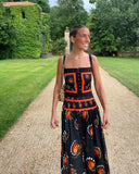 Women Vintage Print Ruffle Pleated Sling Maxi Dress Elegant Square Neck Single Breasted Backless Robe 2024 Lady Vacation