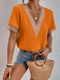 Women's Dress V-Neck Lace Loose Top Commuter Short-Sleeved Shirt Women Splicing