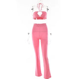 Casual Backless Two Pieces Sets Women Sexy Halter Hollow Out Top Long Flare Pant Suit Party Outfits Strapless
