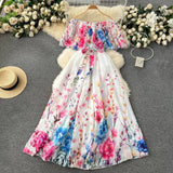 Series Holiday Dress Women's 2024 New Design Feeling Printed Lotus Leaf Edge One Word Shoulder-Length Chiffon