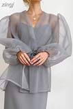 Spring Y2K Blouse Summer Sexy Black See Through Mesh Shirt Women Bubble Sleeve Long Sleeve Shirt Clothes Elegant