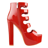Onlymaker Women's Platform Buckle Belts Chunky 15~16cm Round Heel Peep Toe Black and Red Fashion Zipper Sandals For