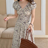 Zingj Chic Summer French Elegant V Collar Fold Feeling Waist Show Thin Long Broken Flower Platycodon Dress