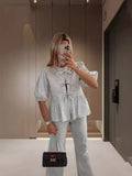 Zingj Fashion Casual Print Hollowed-Out Lace-Up With Lotus Leaf Bubble Sleeves Shirt Women's