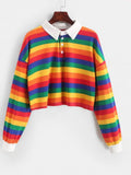 Shirt Women Sweatshirt Long Sleeve Rainbow Color Ladies Hoodies With Button Striped Korean Style Sweatshirt