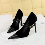 Zingj Banquet High Heels Fine Heel Shallow Pointed Top Xishi Suede Stitching Pointed Metal Buckle One Word Strip Single