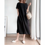 New Leisure Spring And Summer Loose Skirt Short Sleeve Round Neck Solid Cotton Linen
