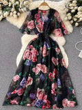 V-Necked Print Chiffon Dress Shows Lean Lotus Leaf Edge Short-Sleeved Waist First Love Fairy