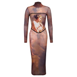 Women Fashion Autumn Winter Long Sleeve Printed Bodycon Slim Pencil Long Dress 2021 Fall Clothes Streetwear