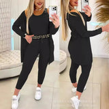 Zingj Women's Solid Color Vest Elastic Waist Long Trousers Suit (3 Pieces) ODS4317