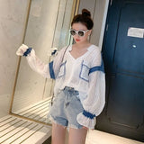 Spring Ladies Blouse Japanese Loose Sweet V-Neck Lace Patchwork Top Women Harajuku Flare Sleeve Chiffon Shirt