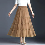 Midi Long Lace Skirts Spring Summer Elastic High Waist Female Mesh Pleated Skirt Fairy