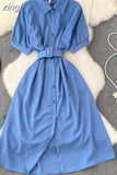 Vintage Green/Blue/Red Turn-Down Collar Single Breasted Dress Casual Short Sleeve High Waist A-Line Midi Robe New