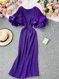 Round Neck Flare Short Sleeve Pleated Long Dress Vintage High Waist Ruffles Female Vestidos New Fashion Robe Mujer