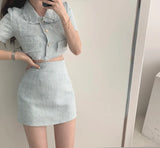 Women Summer Two 2 Piece Set Korean Style Elegant Single Breasted Tassle Short Sleeve Tops And High Waist Bodycon Mini