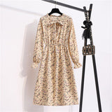 Summer Dress Women Lady Korean Style Vintage Floral Printed Cotton-Chiffon Shirt Dress Long Sleeve Bow Midi Dress