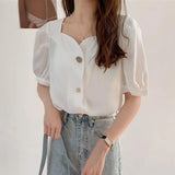 Women Square Collar Puff Sleeve Button Korean Style Elegant Chiffon Trendy Female Top Blusas All-match Summer Popular
