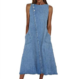 Neck Long Skirt Sleeveless Washed Denim Casual Plus Size