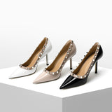 Spring And Summer New Rivet Tip High Heel Female Fine Leather Black Patent Leather OL Nightclub Ultra-High Heel Single