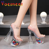 Voesnees Sexy Models 17.5CM Super High Heels 8CM Transparent Platform Women Sandals PVC Female Crystal Wedding Shoes Big Size