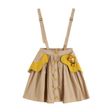 Khaki Strap Half Body Skirt Pocket Flowers Elastic High Waist Casual Fashion Baggy Ruffle Short Skirt Ladies