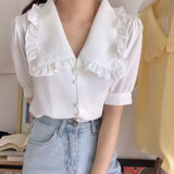 Women Blouses Solid Ruffles Sweet Short Sleeve Peter Pan Collar Tender Elegant Teens All-match Retro Ulzzang Lovely XS-3XL
