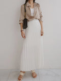 Designer Women Spring Autumn Elegant Chic Solid Pleated Skirt High Waist Luxury Fashion With Elastic Female