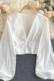 Hollow Out Women's Blouse Elegant Deep V-Neck Slim Short Shirts Female Puff Long Sleeve White Tops Autumn 2023 Blusas