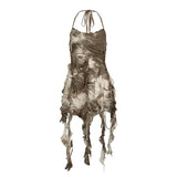 Zingj Soil Ragged Feeling Dizzy Dye Hanging Neck Vest Female Flounce Irregular Long Money To Receive Waist