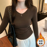 V-Collar Slim Wrinkle Waist Long-Sleeved T-Shirt Women's Autumn And Winter New Plush Plush Bottomed