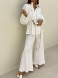 Women Elegant White Flared Pants 2 Piece Set Fashion Loose V Neck Lantern Sleeve Buttons Shirt Suits Summer Office Lady