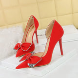 Zingj Korean Version Of Fashion High Heels With Super High Heel Shallow Mouth Tip Side Hollow Water Diamond Bow Single