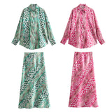 Spring Style Silk Satin Loose Shirt Printed Flute Skirt