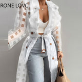 Women Chic Plaid with Belt Turn Down Collar Button Long Sleeves Long Straight