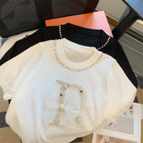 Fashion Beading Bowknot Knitted Sweater Women's O Neck Short Sleeve Sweet Pullover Knitwear Summer Slim Thin Jumper